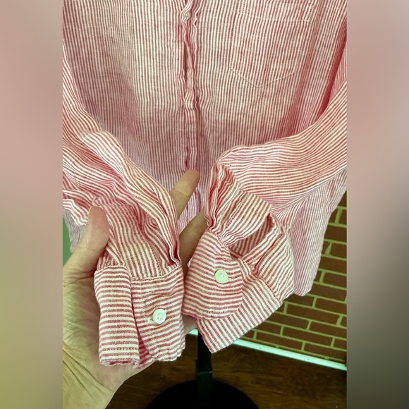 Frank & Eileen Linen Button Down Red White Stripe 🌿 Quiet Luxury, Coastal Chic - Picture 4 of 7